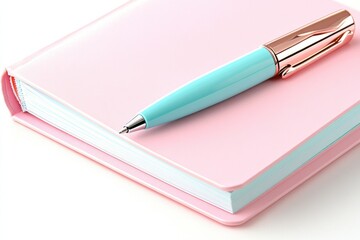 Open notebook with pastel pink pages and mint accents resting next to a teal blue pen on a clean white desk during daylight