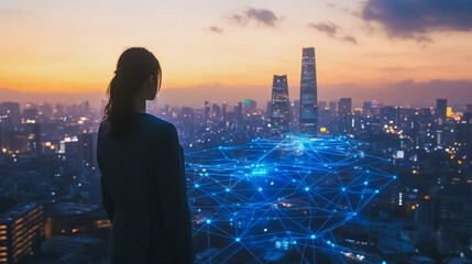 Abstract business woman stands on the peak of success amid tall, innovative Smart city and graphs with statistics to analyze business potential and predict future developments in company growth.