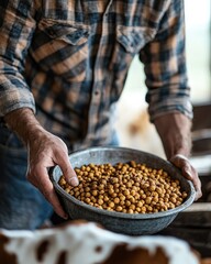 A person holding a bowl of grains, likely for feeding animals or cooking.