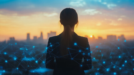 Fototapeta premium Abstract business woman stands on the peak of success amid tall, innovative Smart city and graphs with statistics to analyze business potential and predict future developments in company growth.