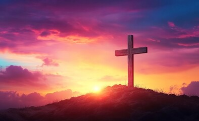 The cross on the hill with a sunset sky background, a Jesus Christ wallpaper for mobile phones and computer screen backdrop design.