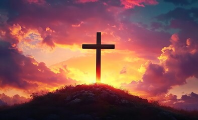 The cross on the hill with a sunset sky background, a Jesus Christ wallpaper for mobile phones and computer screen backdrop design.