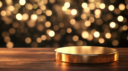 A round golden display stand rests on a wooden table. In the background, blurred sparkling lights create a festive and elegant atmosphere perfect for showcasing items.