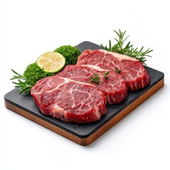Fototapeta premium Fresh raw Kobe Beef Steak displayed on a wooden board with herbs and lime for cooking inspiration.