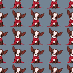 Cute chihuahua dogs with hearts in seamless pattern for Valentine's Day on dark background