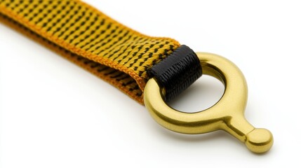 A gold-colored metal ring secures a yellow and black strap. Ideal for keychains, lanyards, or bag accessories.