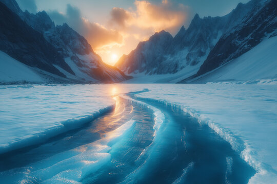 Photo r&eacute;aliste d&rsquo;un glacier massif avec fissures bleut&eacute;es et montagnes enneig&eacute;es