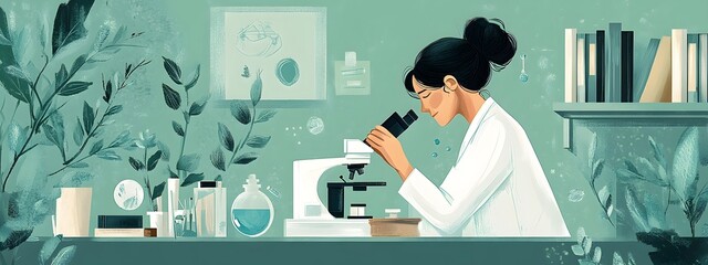 Flat illustration of a woman in a white lab coat using a microscope, with a laboratory background featuring shelves full of glassware and books