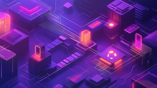 Abstract purple and pink glowing geometric shapes.