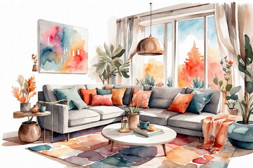 Hand draw watercolor sketch illustration texture design of a modern, luxury comfortable interior home living room with decoration.
