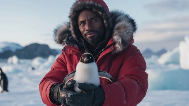 A man in an orange coat holding a penguin. The penguin is black and white. The man is smiling
