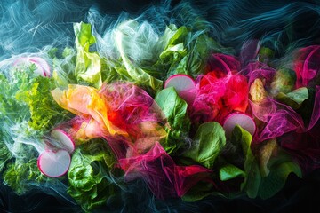 Futuristic Glitch Art of Spring Salad with Vibrant Vegetables and Abstract Distortions