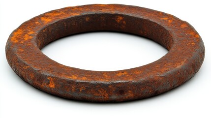 A thick rusty metal ring isolated on white. Possible applications include industrial parts steampunk art or rustic decor.