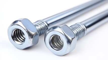 Two shiny metal bolts with hexagonal nuts lie on a white background. Ideal for construction or mechanical applications requiring strong fastening.