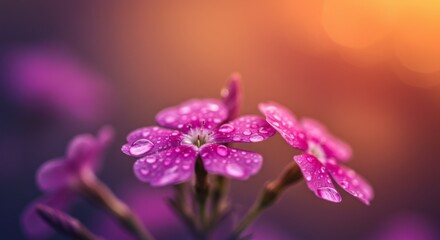 Obraz premium Macro photo of tiny purple flowers, dew drops on petals, soft bokeh background, warm golden light, dreamy atmosphere, vibrant colors, shallow depth of field, nature photography, ethereal glow, delicat
