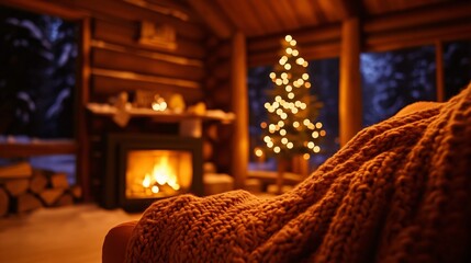 Cozy Christmas Cabin Interior Fireplace Knit Blanket