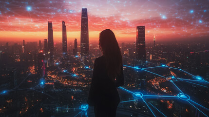 Fototapeta premium Abstract business woman stands on the peak of success amid tall, innovative Smart city and graphs with statistics to analyze business potential and predict future developments in company growth.