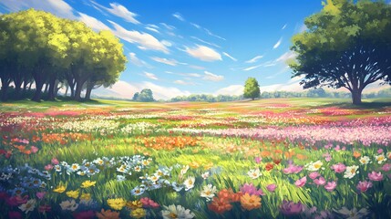 Gorgeous hand-drawn illustration depicting scenic mountains and farmlands, enriched with intricate details and an anime-inspired touch.