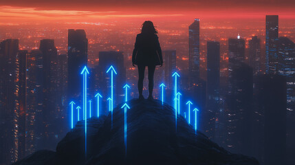 Abstract business woman stands on the peak of success amid tall, innovative Smart city and graphs with statistics to analyze business potential and predict future developments in company growth.