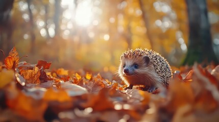 Fototapeta premium adorable european hedgehog exploring colorful autumn forest floor with fallen maple leaves, morning sunlight, and magical woodland atmosphere