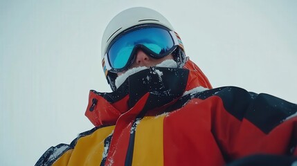 A low-angle shot of a snowboarder covered in snow. Ideal for winter sports apparel ads or social media content showcasing snowy adventures.