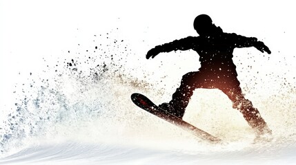 Naklejka premium Silhouette of a snowboarder executing a dynamic jump with snow spraying. Ideal for winter sports promotions or active lifestyle campaigns.