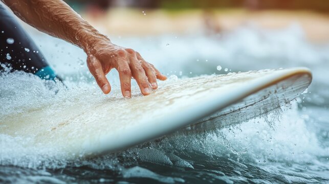 A surfer's hand glides over a surfboard amidst ocean spray. Ideal for surfing websites, blogs, or social media promoting watersports and adventure.