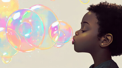 Artistic portrait of Black child blowing bubbles