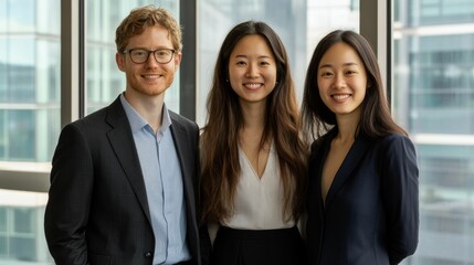 Smiling colleagues pose near office window.