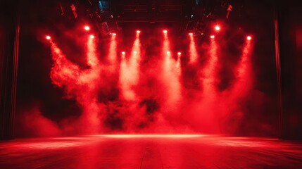 atmospheric empty stage bathed in dramatic red lighting with ethereal fog effects creating mysterious theatrical ambiance