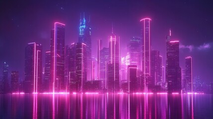 Naklejka premium Futuristic city with corporate skyscrapers and neon lights, sci-fi business district at night 
