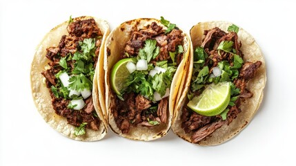 authentic mexican barbacoa tacos with fresh garnishes overhead view of traditional street food isolated on clean white background with soft shadows