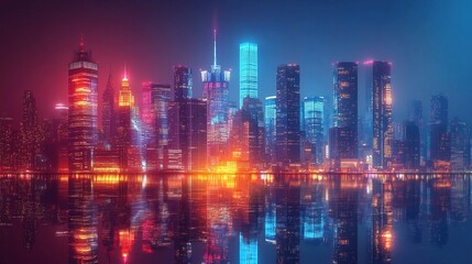 Naklejka premium Futuristic city with corporate skyscrapers and neon lights, sci-fi business district at night 