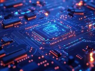 Fototapeta premium advanced digital network security system with glowing circuit patterns and protective shield interface against cyber threats in deep blue tones