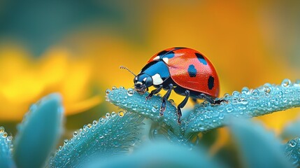 Realistic Image - Ladybug on Dewy Leaf