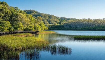 Obraz premium Serene Lake Lush Green Forest Tranquil Nature Scene