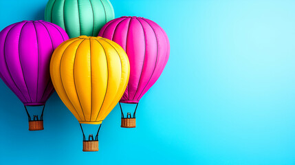 Fototapeta premium Colorful hot air balloons float against a bright blue background, creating a cheerful and whimsical atmosphere.