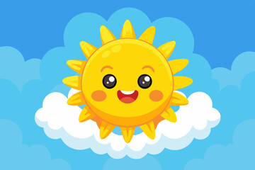 Cute Cartoon Sun Peeking Over Fluffy Blue Clouds in Whimsical Vector Art