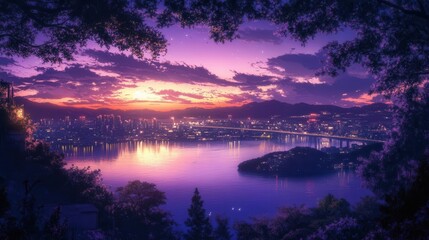 chill lo-fi vibes emanate from a picturesque skyline at night, infused with deep purple hues and inspirations from manga and anime, creating a serene and artistic atmosphere perfect for relaxation