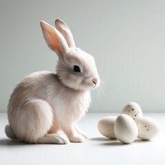 Obraz premium Cute easter baby bunny and Easter eggs, cute baby rabbit against soft pastel background. Copy space for text. Symbol of easter festival animal