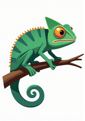 Fototapeta premium Adorable Chameleon with Long Tail, Cartoon Reptile on White Background
