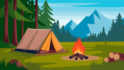 Camping, tent, forest, fire, mountains. 4k