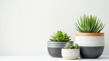 contemporary ceramic planters collection with trendy houseplants in minimalist design, perfect for modern interior decoration on white background