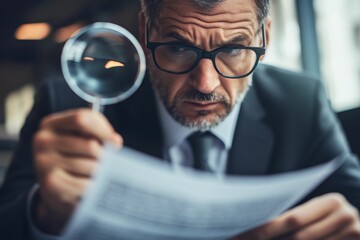 Man examines document closely using magnifying glass.