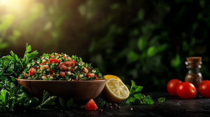 f0b Middle Eastern tabbouleh salad with fresh parsley, tomatoes, and lemon juice
