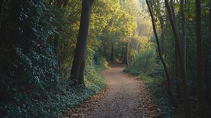 Obraz premium Scenic Autumn Forest Path Sunlight Trees Leaves