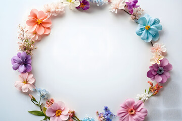 Frame with colorful flowers on clear white background. Greeting card design for holiday, Mother's day, Easter, Valentine day. Springtime composition with copy space. Flat lay, top view