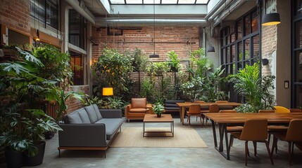 Fototapeta premium Eco-friendly coworking space with open design, greenery, natural lighting, and modern office furniture 