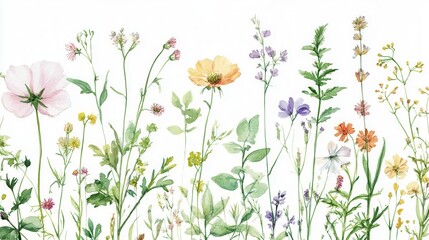 delicate watercolor botanical pattern with hand-painted wild flowers, green leaves and natural herbs in soft pastel colors on pure white background
