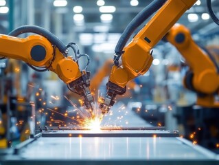 automated industrial robotic arms performing high-precision welding operations in modern automotive manufacturing plant with digital control systems
